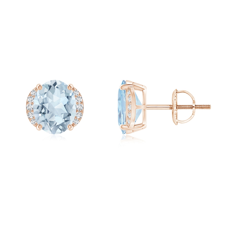 8x6mm A Oval Aquamarine Half Halo Stud Earrings in Rose Gold 
