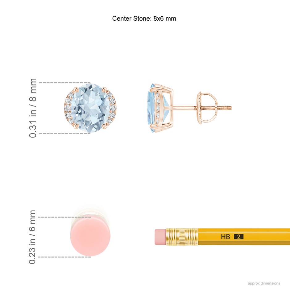 8x6mm A Oval Aquamarine Half Halo Stud Earrings in Rose Gold ruler