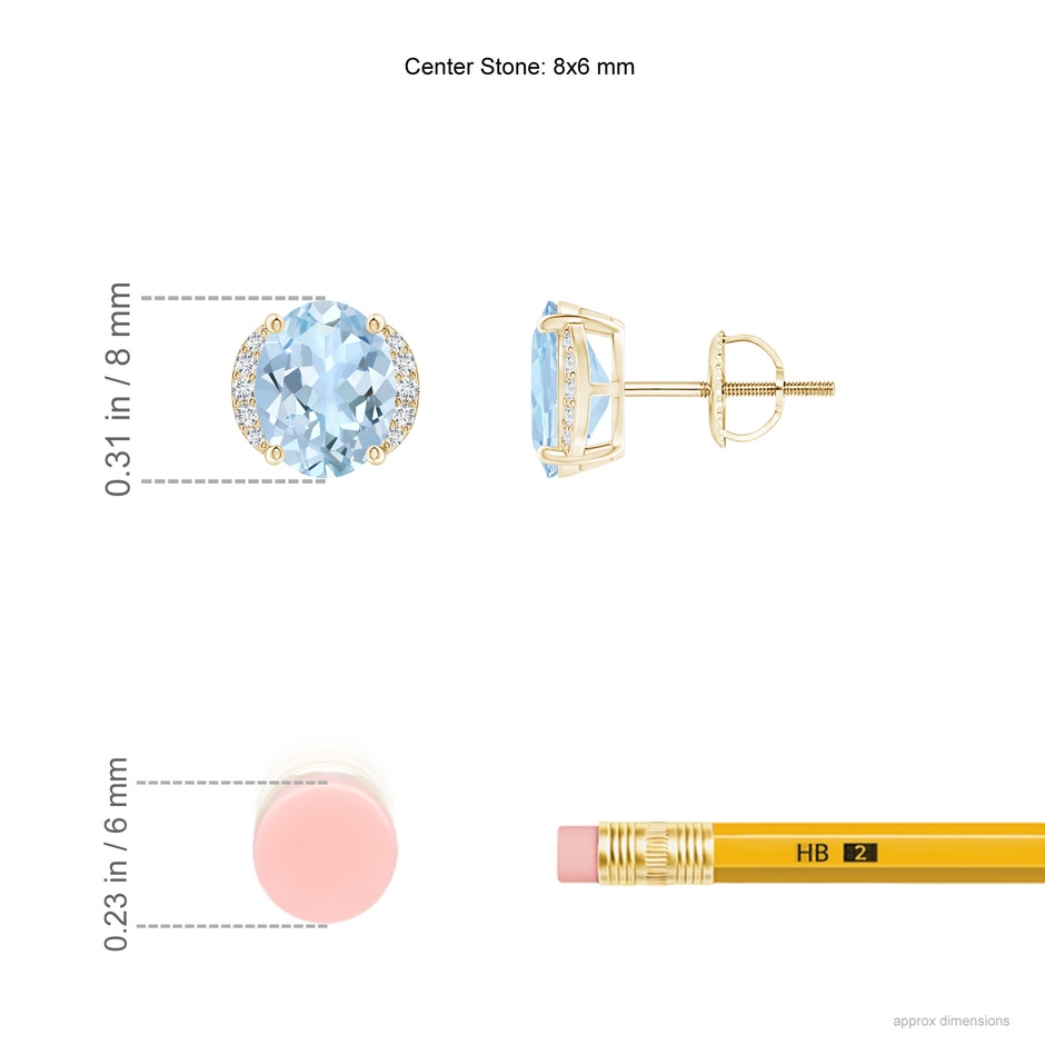 8x6mm AA Oval Aquamarine Half Halo Stud Earrings in Yellow Gold ruler