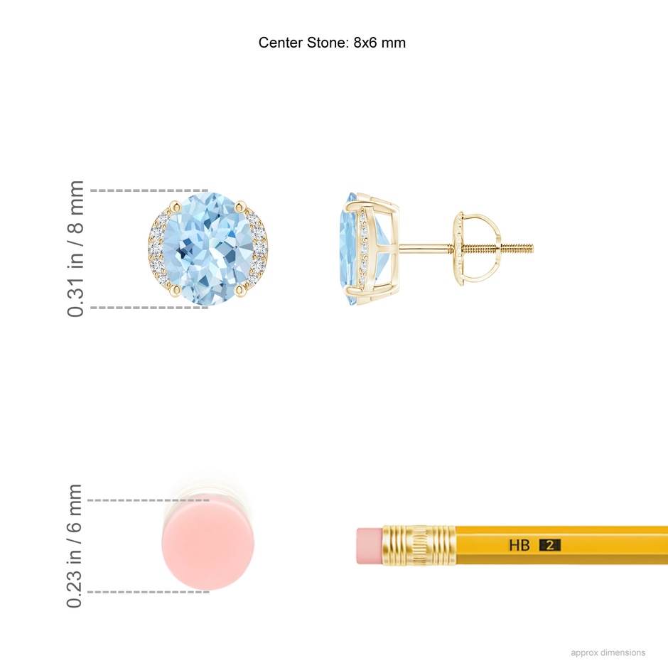 8x6mm AAA Oval Aquamarine Half Halo Stud Earrings in Yellow Gold ruler