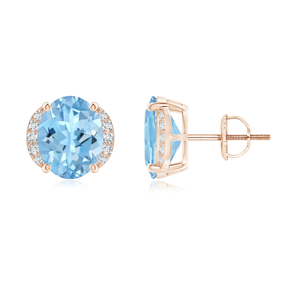 9x7mm AAAA Oval Aquamarine Half Halo Stud Earrings in Rose Gold 