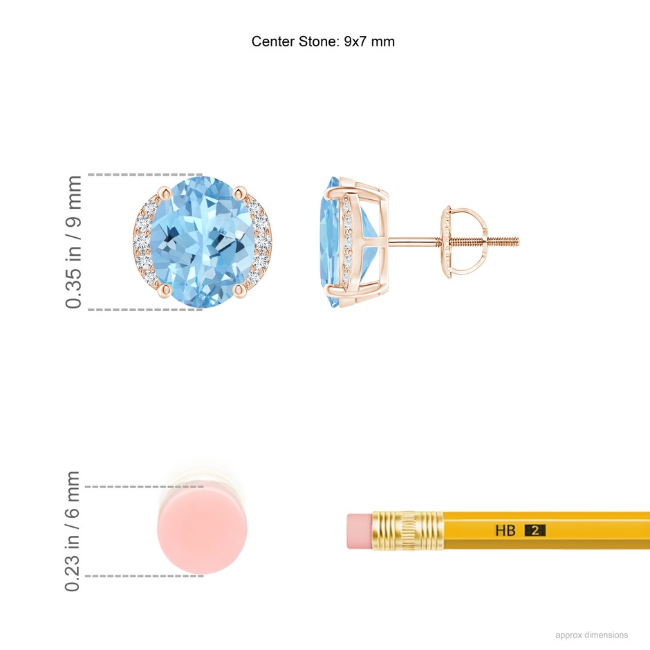 9x7mm AAAA Oval Aquamarine Half Halo Stud Earrings in Rose Gold ruler