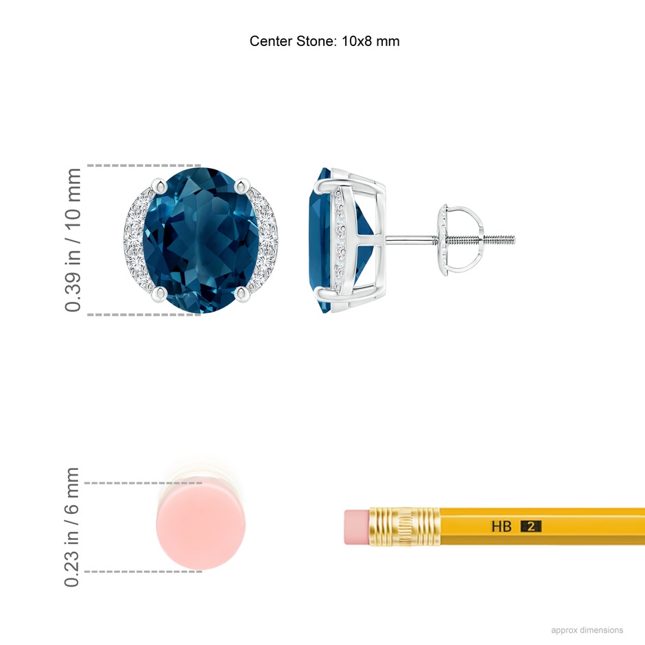 10x8mm AAAA Oval London Blue Topaz Half Halo Stud Earrings in White Gold Ruler
