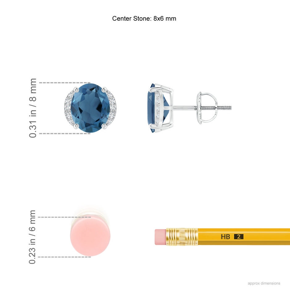 8x6mm A Oval London Blue Topaz Half Halo Stud Earrings in White Gold ruler