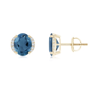 8x6mm A Oval London Blue Topaz Half Halo Stud Earrings in Yellow Gold