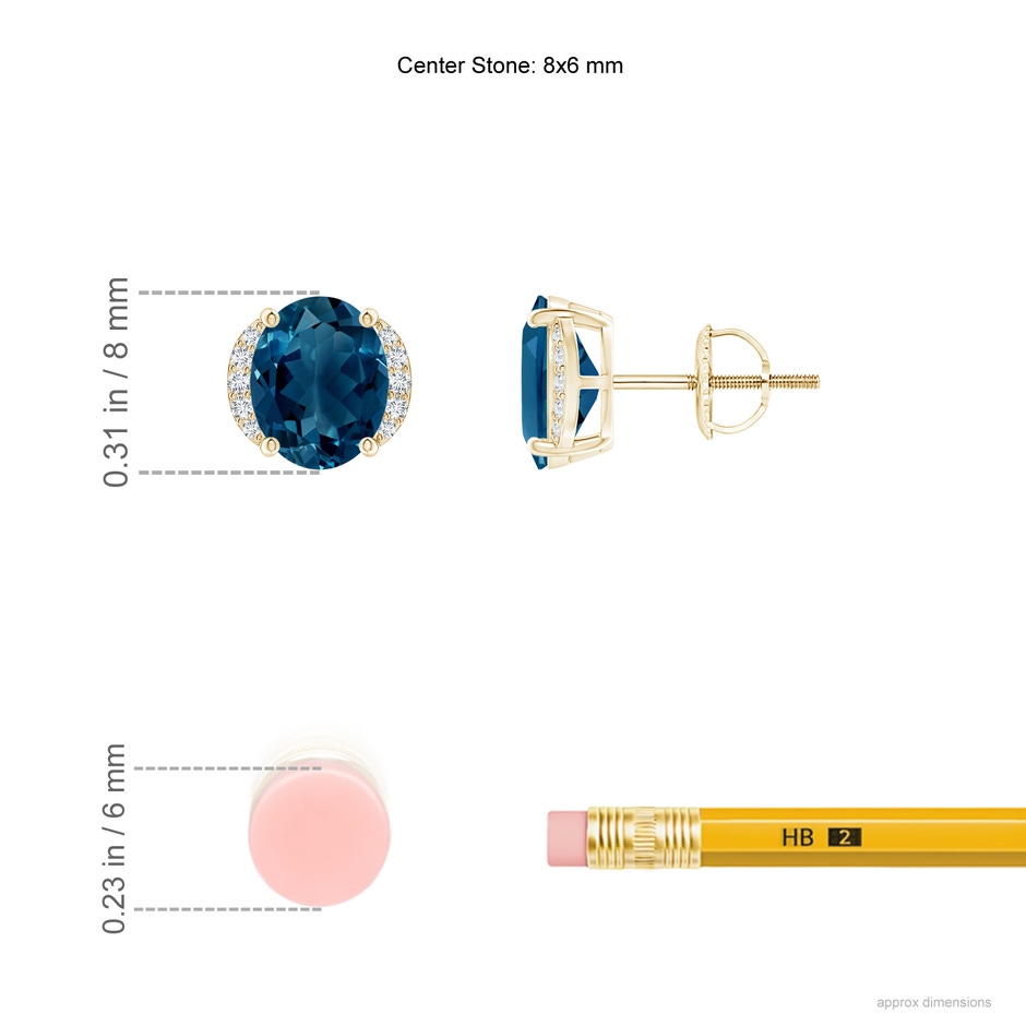 8x6mm AAAA Oval London Blue Topaz Half Halo Stud Earrings in Yellow Gold ruler