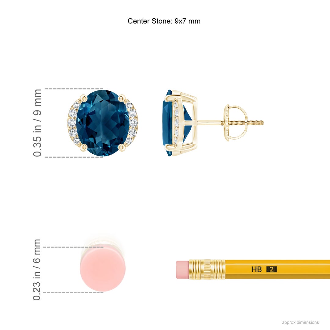 9x7mm AAAA Oval London Blue Topaz Half Halo Stud Earrings in Yellow Gold - ruler