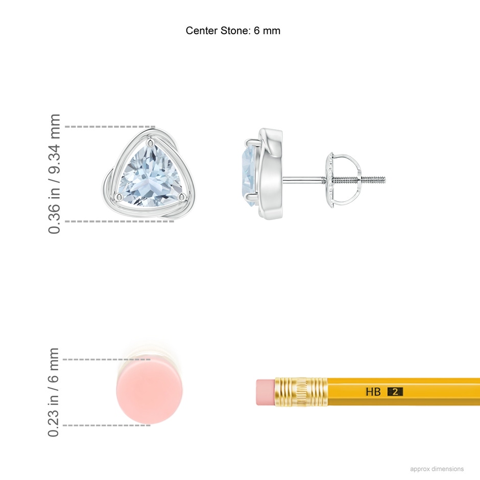 6mm A Solitaire Trillion Aquamarine Swirl Stud Earrings in White Gold ruler