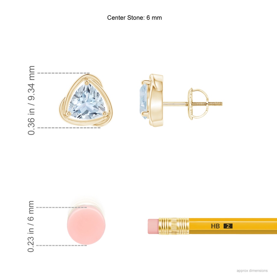 6mm A Solitaire Trillion Aquamarine Swirl Stud Earrings in Yellow Gold ruler