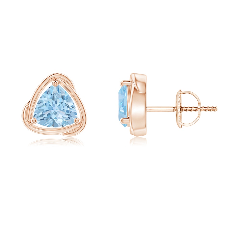 6mm AAA Solitaire Trillion Aquamarine Swirl Stud Earrings in Rose Gold 