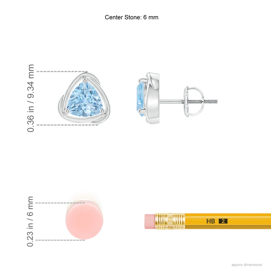 6mm AAA Solitaire Trillion Aquamarine Swirl Stud Earrings in White Gold ruler