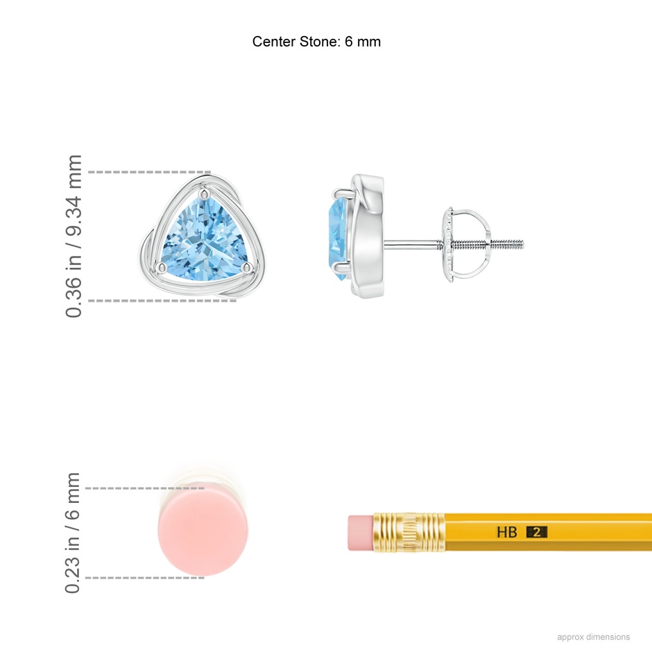 6mm AAAA Solitaire Trillion Aquamarine Swirl Stud Earrings in P950 Platinum ruler