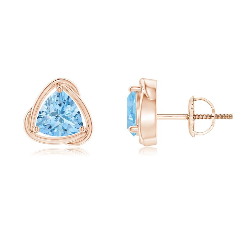 6mm AAAA Solitaire Trillion Aquamarine Swirl Stud Earrings in Rose Gold 