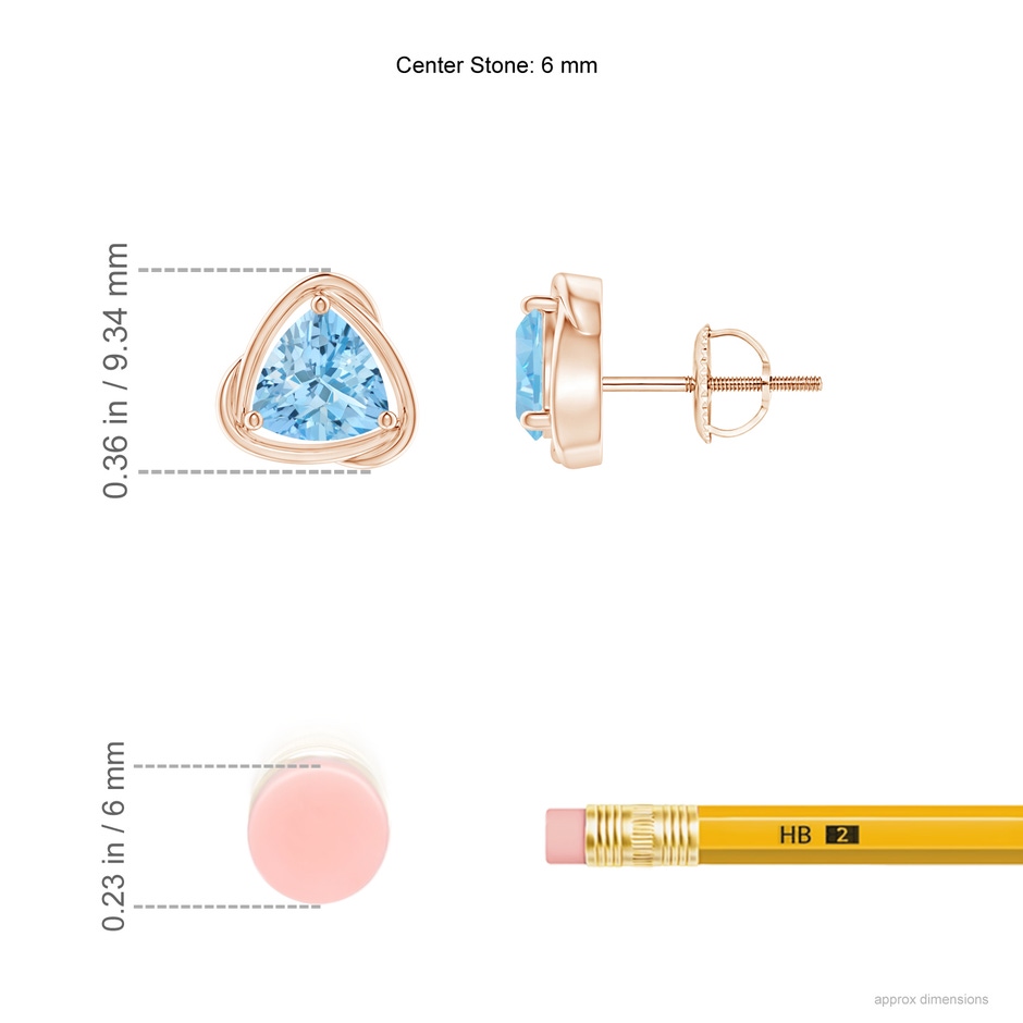 6mm AAAA Solitaire Trillion Aquamarine Swirl Stud Earrings in Rose Gold ruler