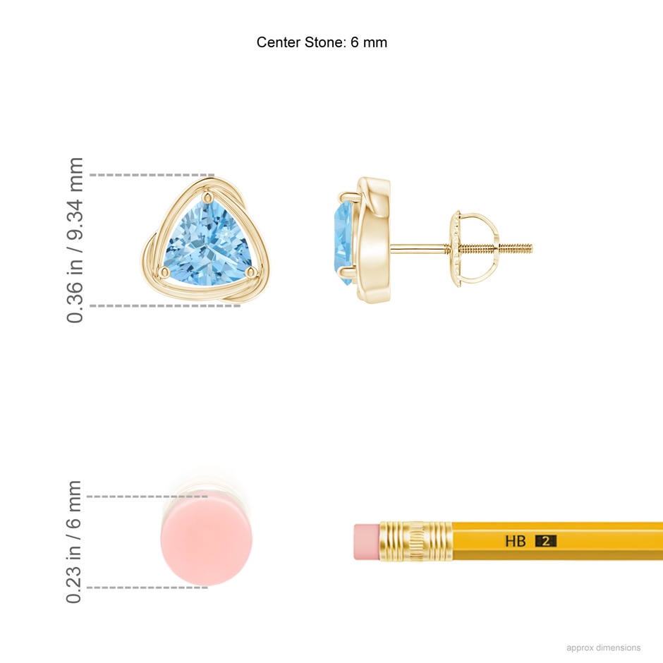 6mm AAAA Solitaire Trillion Aquamarine Swirl Stud Earrings in Yellow Gold ruler