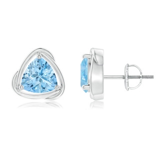 7mm AAAA Solitaire Trillion Aquamarine Swirl Stud Earrings in P950 Platinum