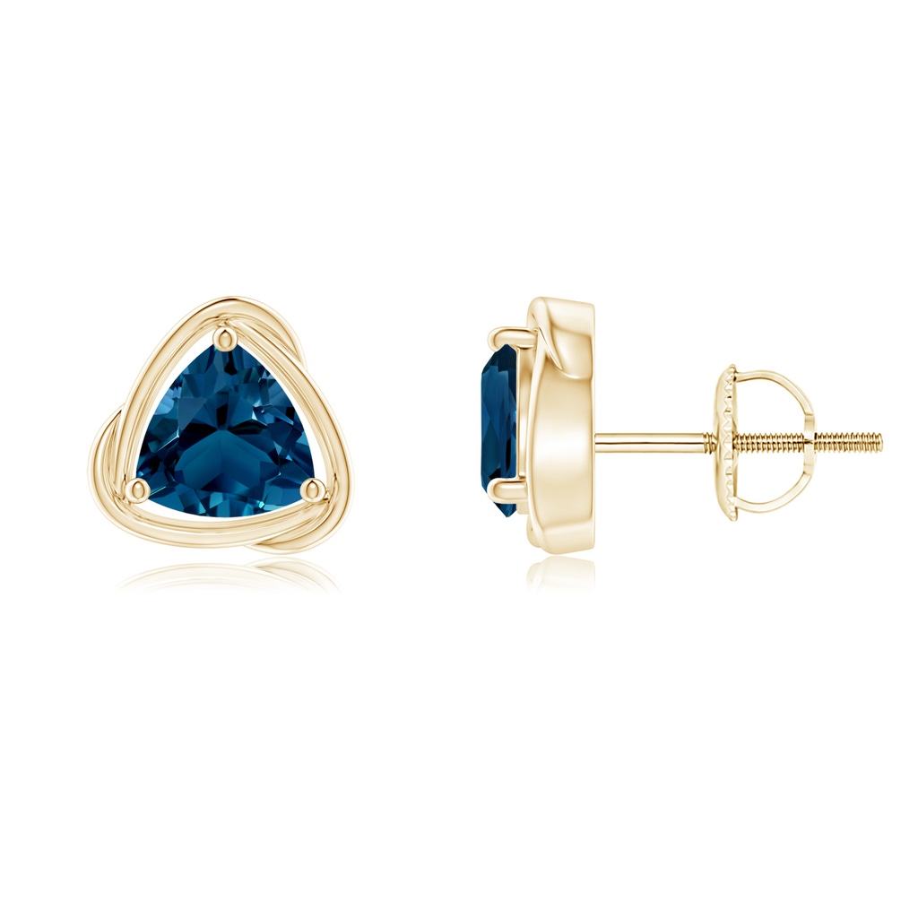 6mm AAAA Solitaire Trillion London Blue Topaz Swirl Stud Earrings in Yellow Gold
