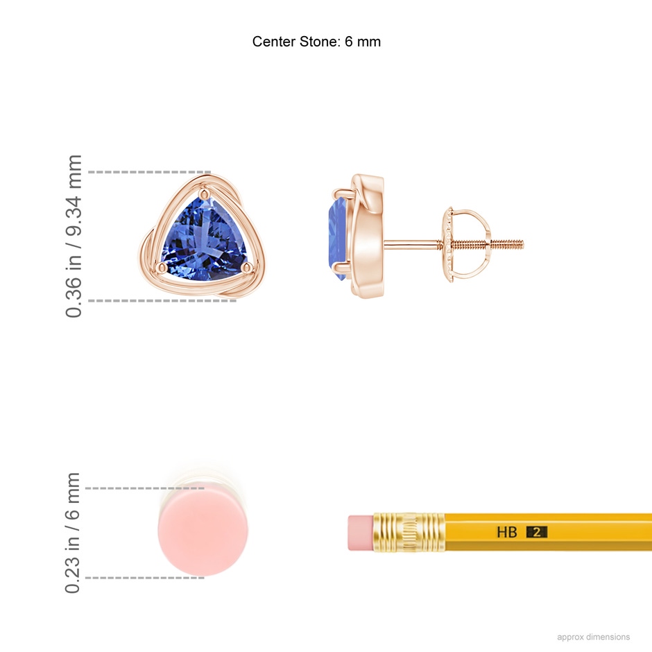6mm AA Solitaire Trillion Tanzanite Swirl Stud Earrings in Rose Gold ruler