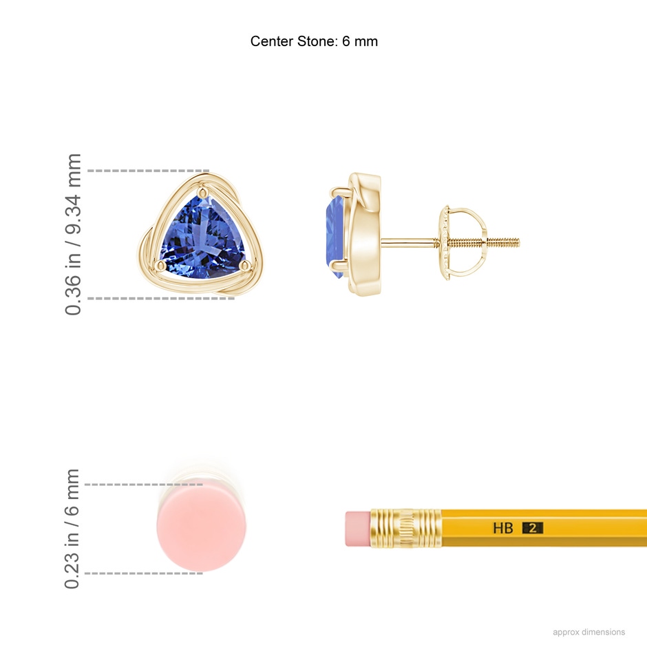 6mm AA Solitaire Trillion Tanzanite Swirl Stud Earrings in Yellow Gold ruler
