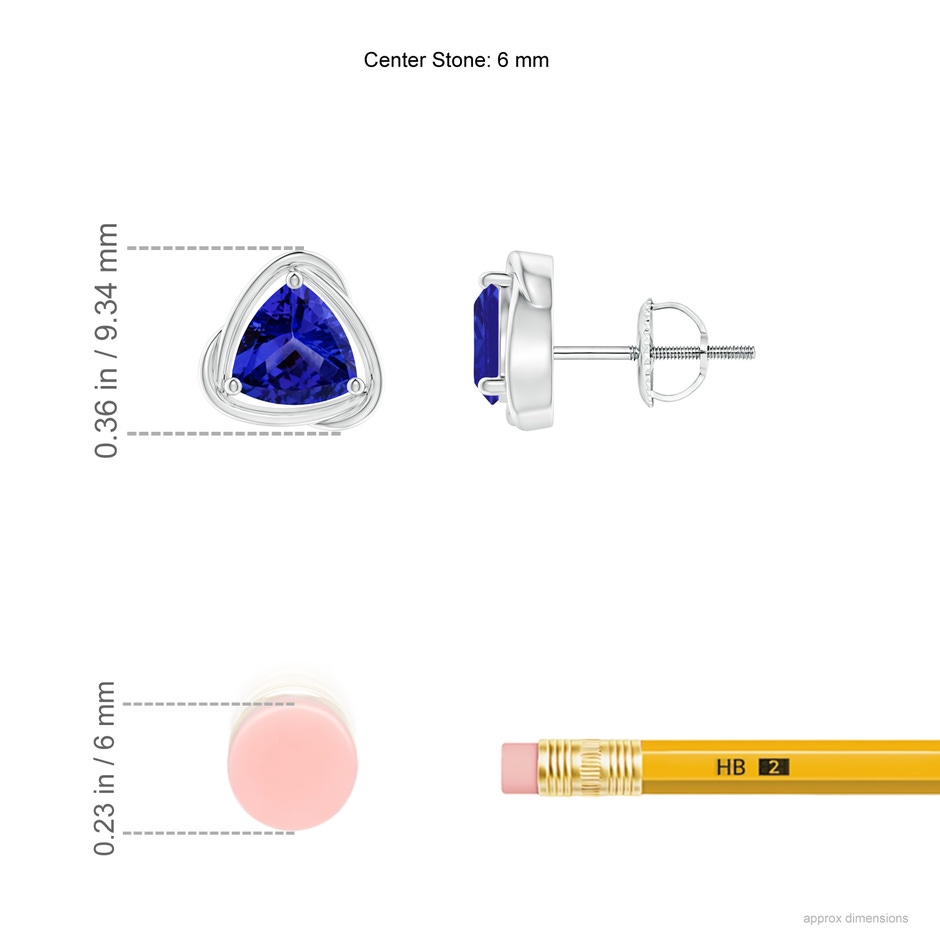 6mm AAAA Solitaire Trillion Tanzanite Swirl Stud Earrings in P950 Platinum ruler