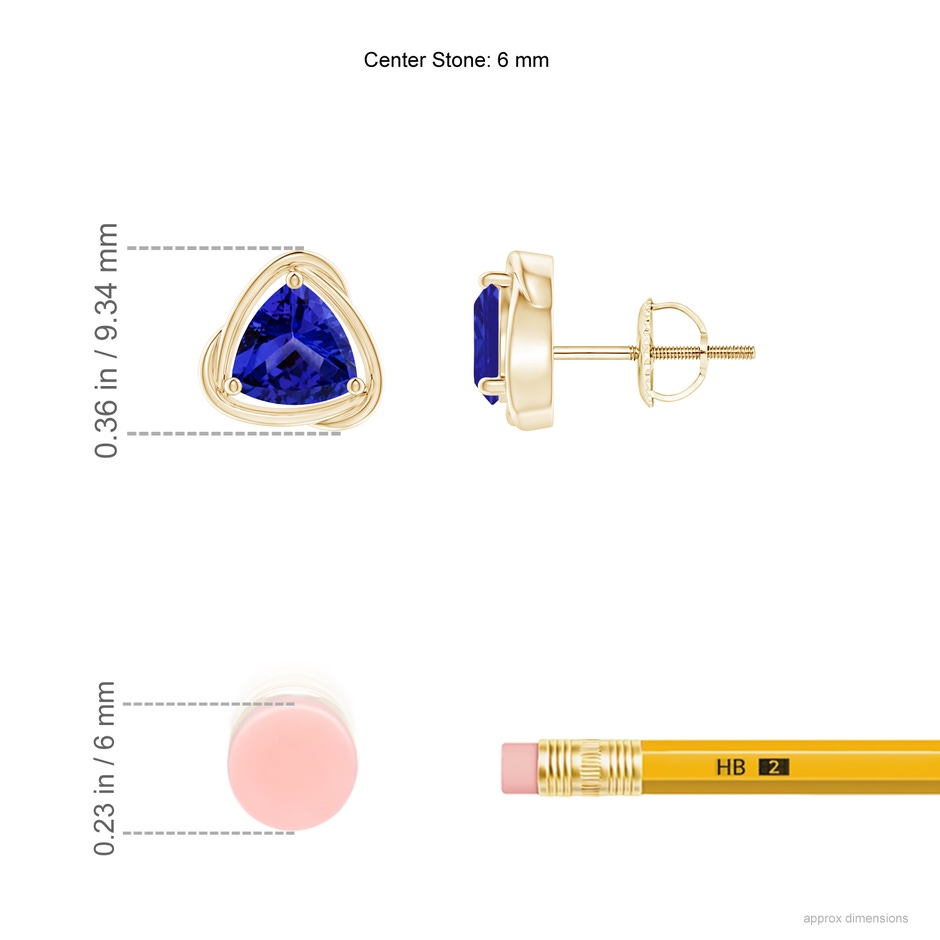 6mm AAAA Solitaire Trillion Tanzanite Swirl Stud Earrings in Yellow Gold ruler