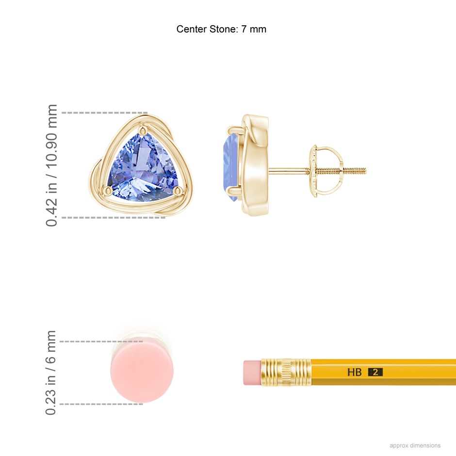7mm A Solitaire Trillion Tanzanite Swirl Stud Earrings in Yellow Gold ruler