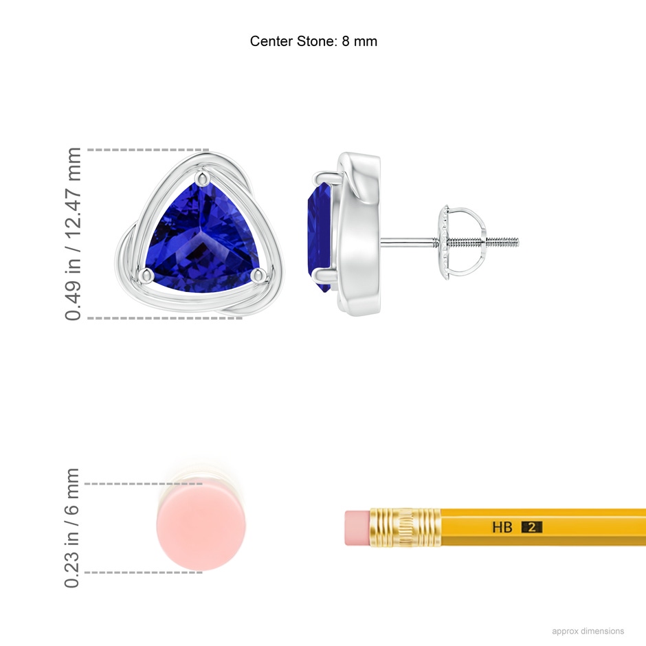 8mm AAAA Solitaire Trillion Tanzanite Swirl Stud Earrings in P950 Platinum ruler