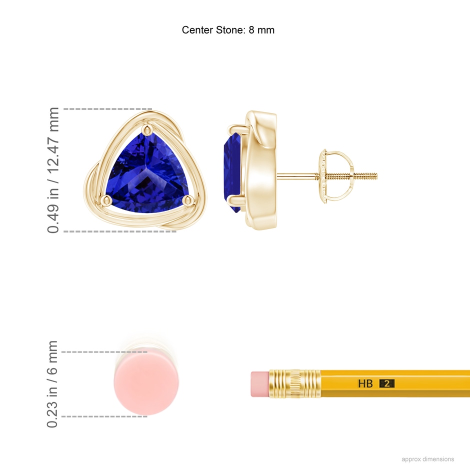8mm AAAA Solitaire Trillion Tanzanite Swirl Stud Earrings in Yellow Gold ruler