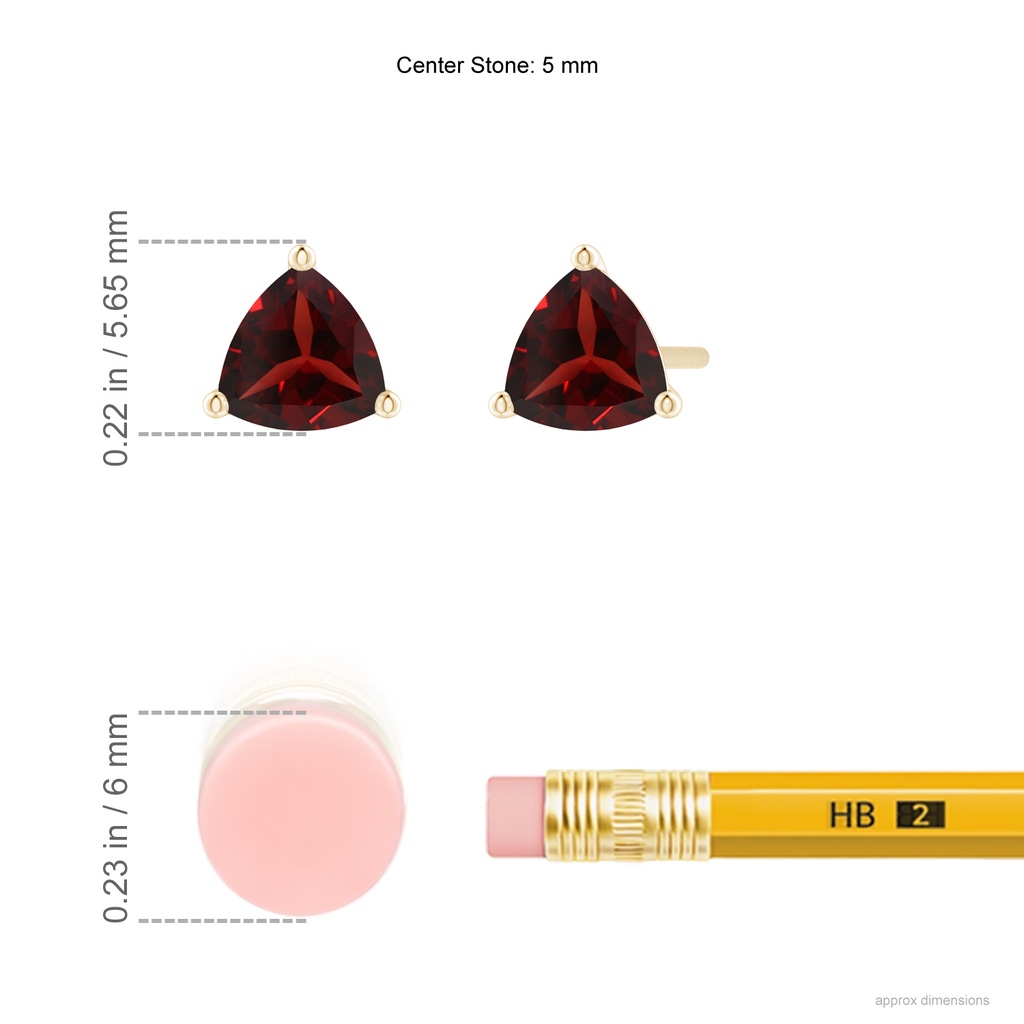 5mm AAA Martini-Set Trillion Garnet Stud Earrings in Yellow Gold Ruler