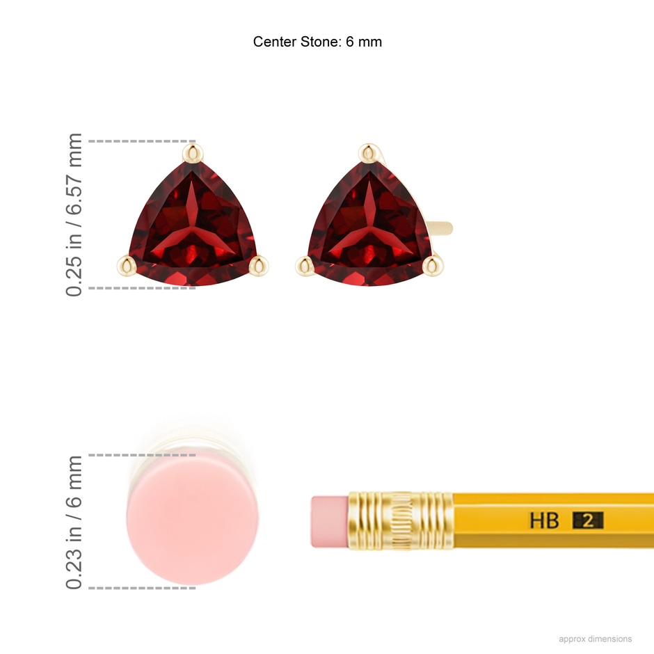 6mm AAAA Martini-Set Trillion Garnet Stud Earrings in Yellow Gold ruler