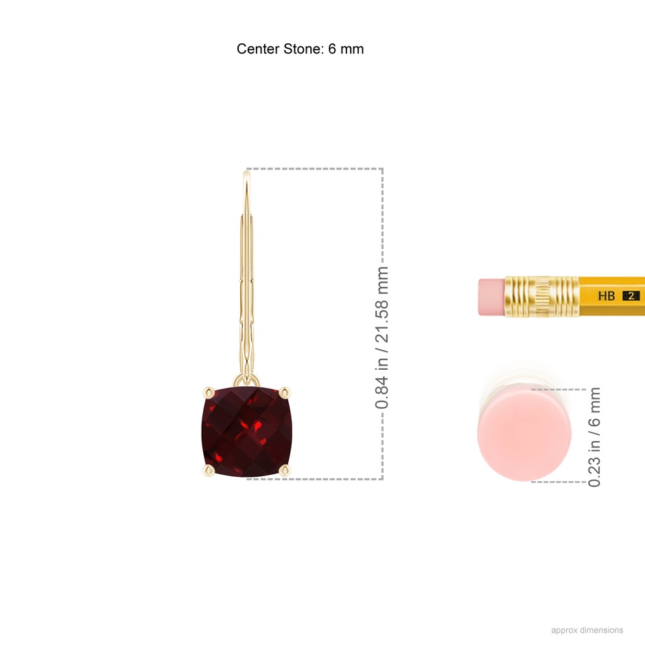 6mm AAAA Cushion Garnet Solitaire Leverback Earrings in Yellow Gold ruler