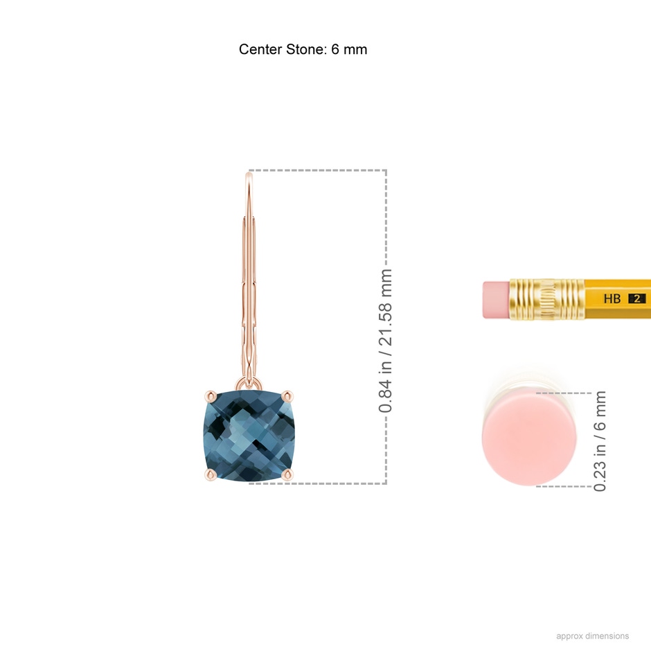 6mm A Cushion London Blue Topaz Solitaire Leverback Earrings in Rose Gold ruler