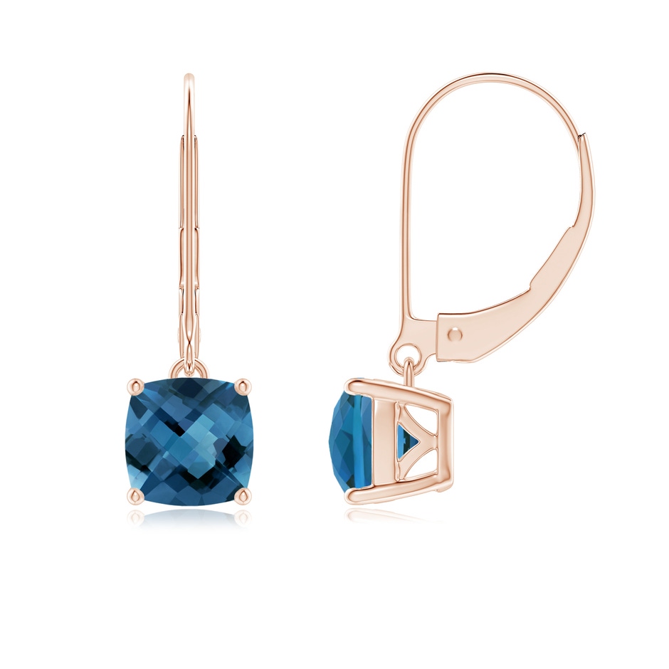 6mm AA Cushion London Blue Topaz Solitaire Leverback Earrings in Rose Gold 