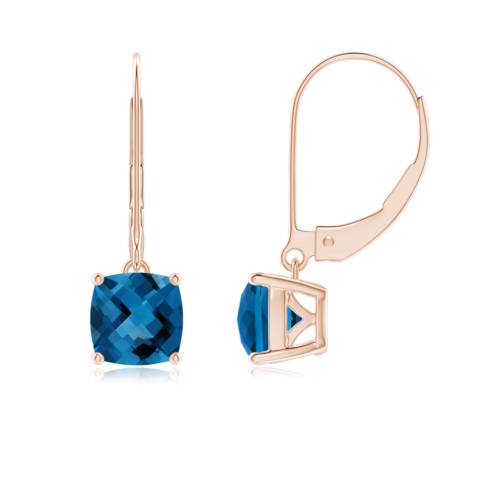 6mm AAA Cushion London Blue Topaz Solitaire Leverback Earrings in Rose Gold 