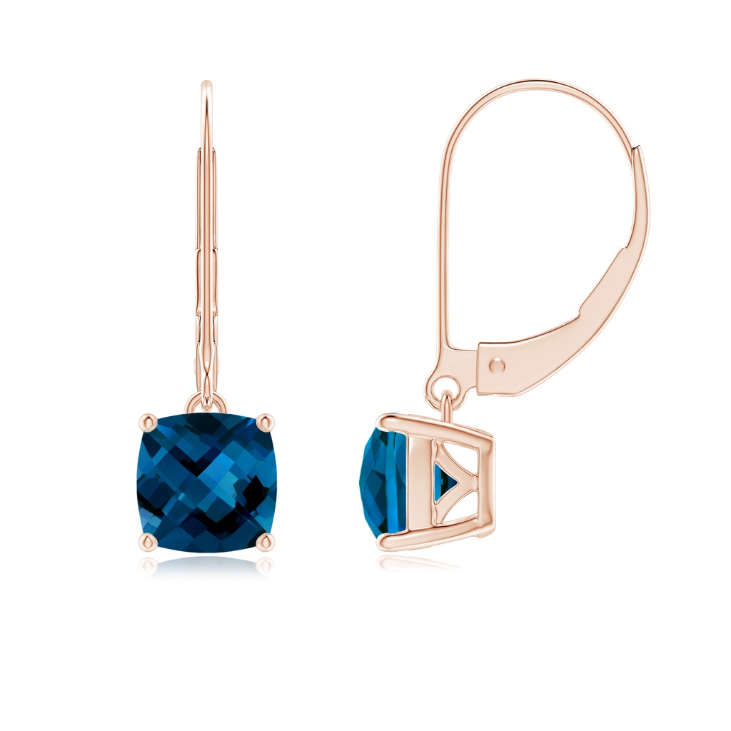 6mm AAAA Cushion London Blue Topaz Solitaire Leverback Earrings in Rose Gold