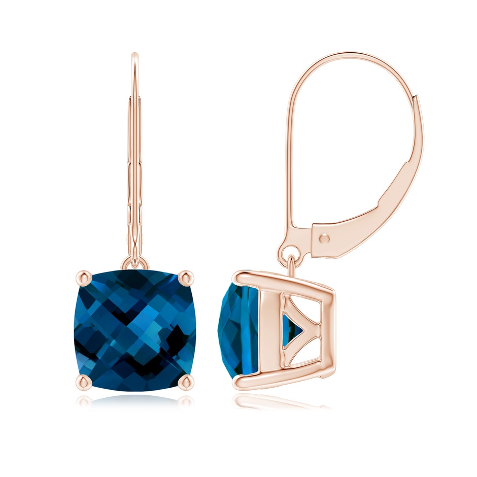 8mm AAAA Cushion London Blue Topaz Solitaire Leverback Earrings in Rose Gold 