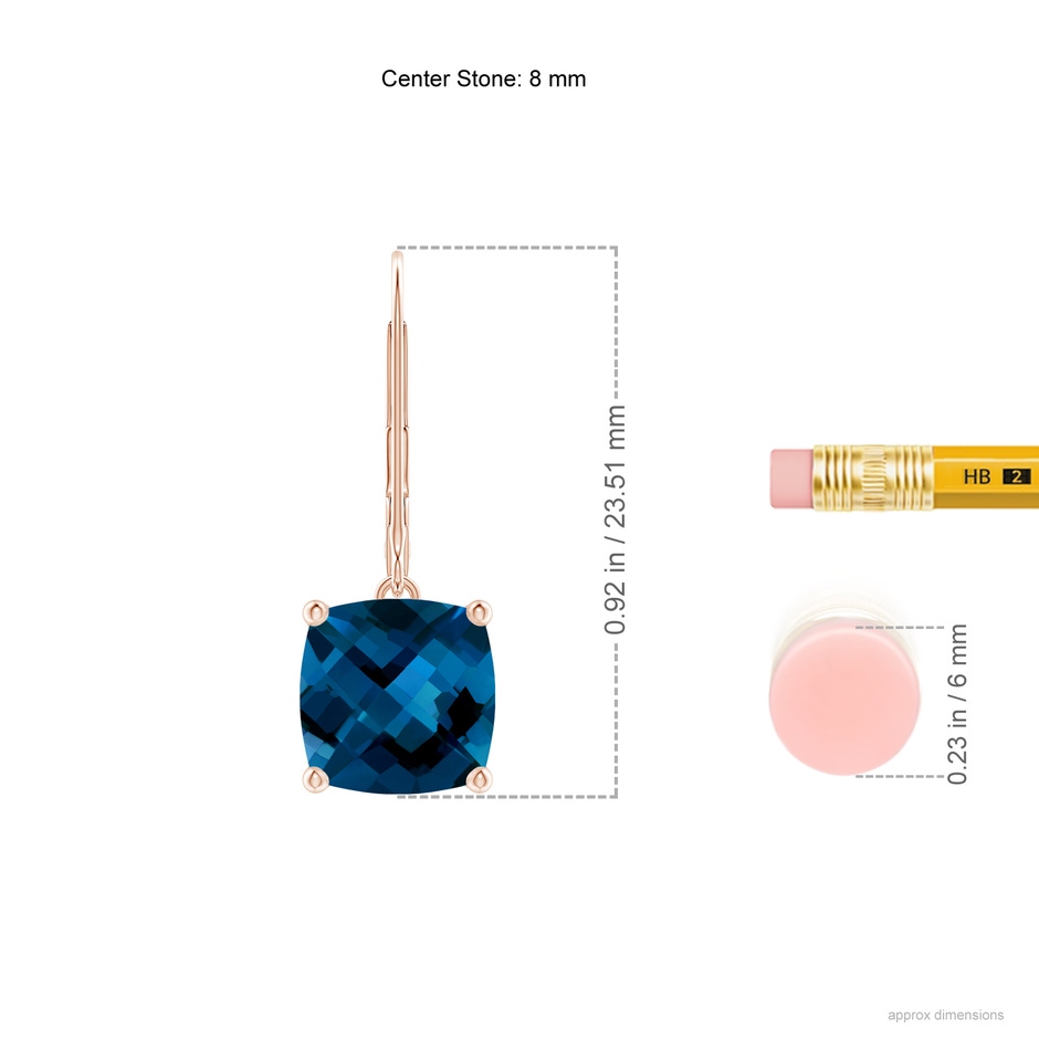 8mm AAAA Cushion London Blue Topaz Solitaire Leverback Earrings in Rose Gold ruler