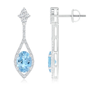 7x5mm AAAA Oval Aquamarine Drop Earrings with Diamond Accents in P950 Platinum