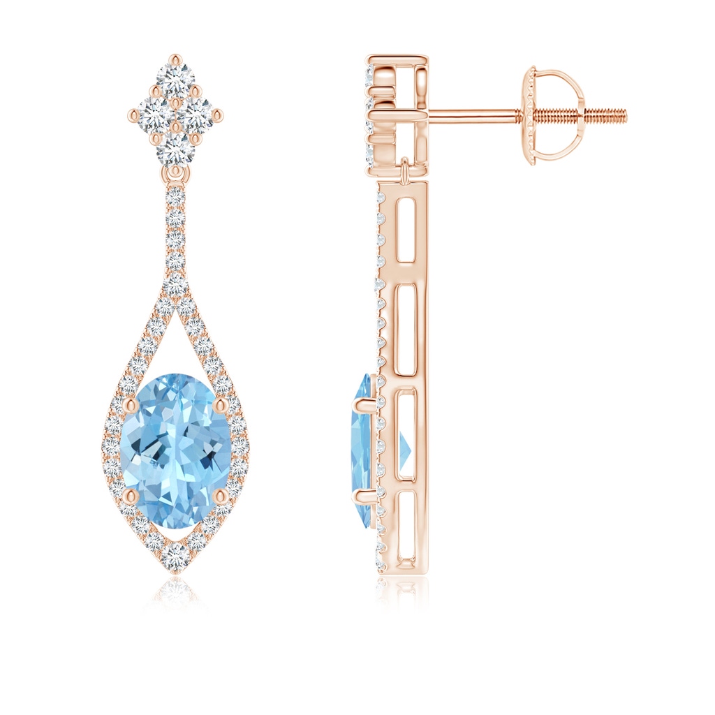 7x5mm AAAA Oval Aquamarine Drop Earrings with Diamond Accents in Rose Gold