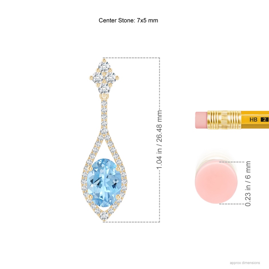 7x5mm AAAA Oval Aquamarine Drop Earrings with Diamond Accents in Yellow Gold ruler