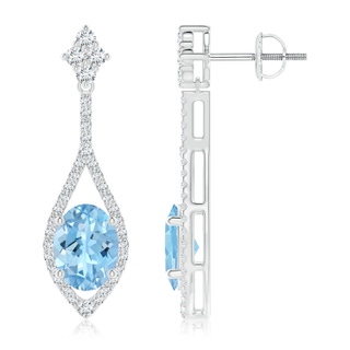 8x6mm AAAA Oval Aquamarine Drop Earrings with Diamond Accents in P950 Platinum