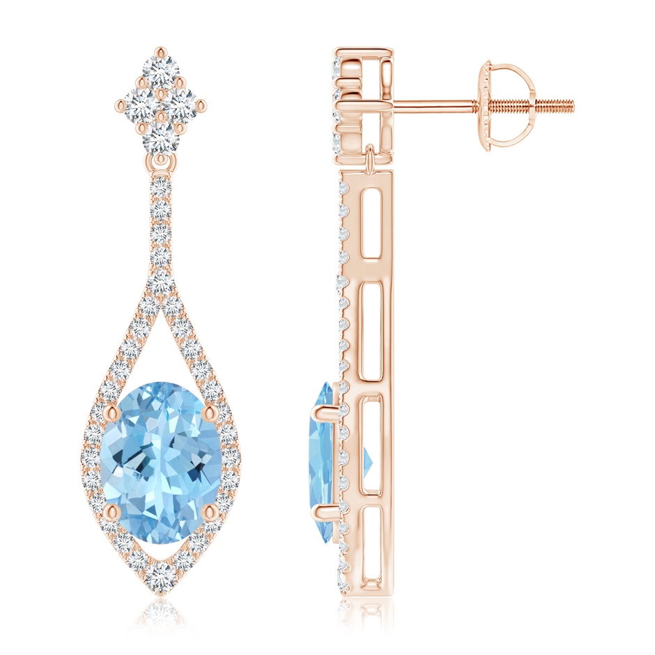8x6mm AAAA Oval Aquamarine Drop Earrings with Diamond Accents in Rose Gold 