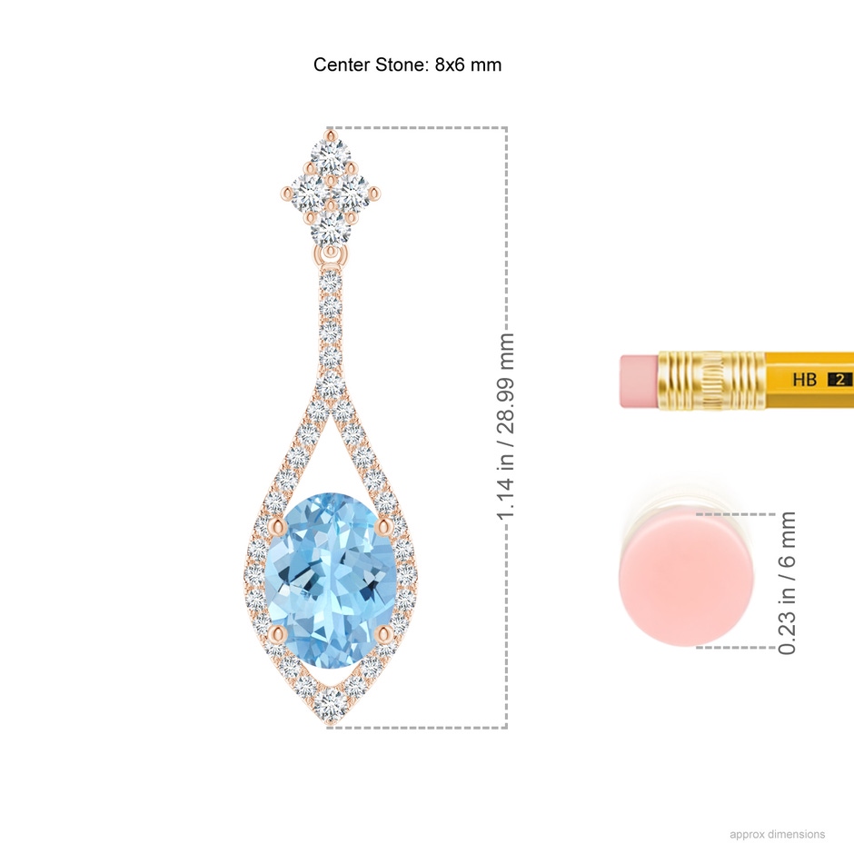 8x6mm AAAA Oval Aquamarine Drop Earrings with Diamond Accents in Rose Gold ruler