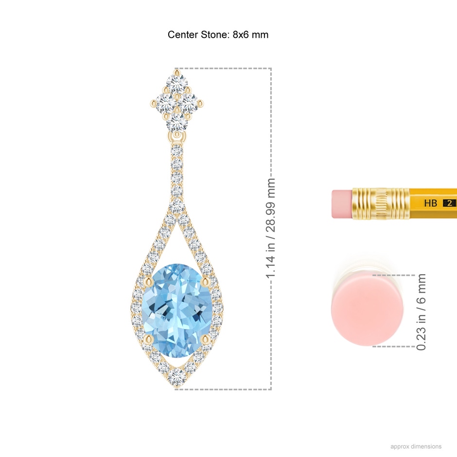 8x6mm AAAA Oval Aquamarine Drop Earrings with Diamond Accents in Yellow Gold ruler