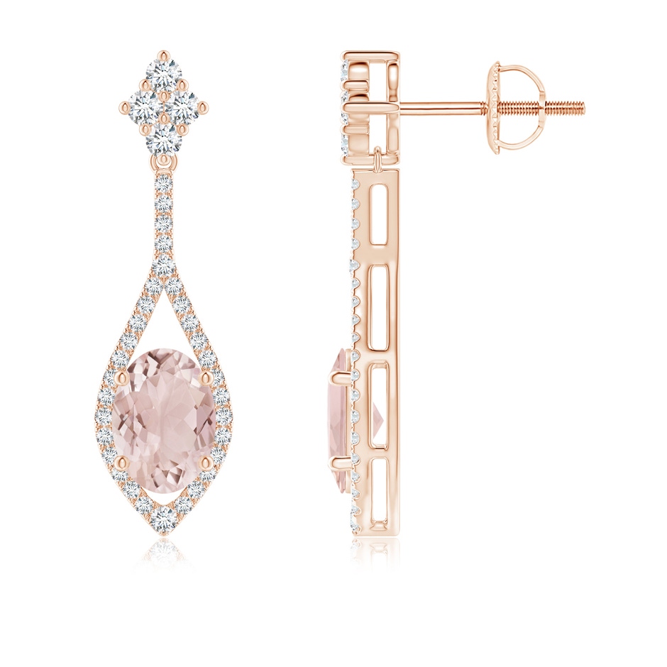 7x5mm A Oval Morganite Drop Earrings with Diamond Accents in Rose Gold 