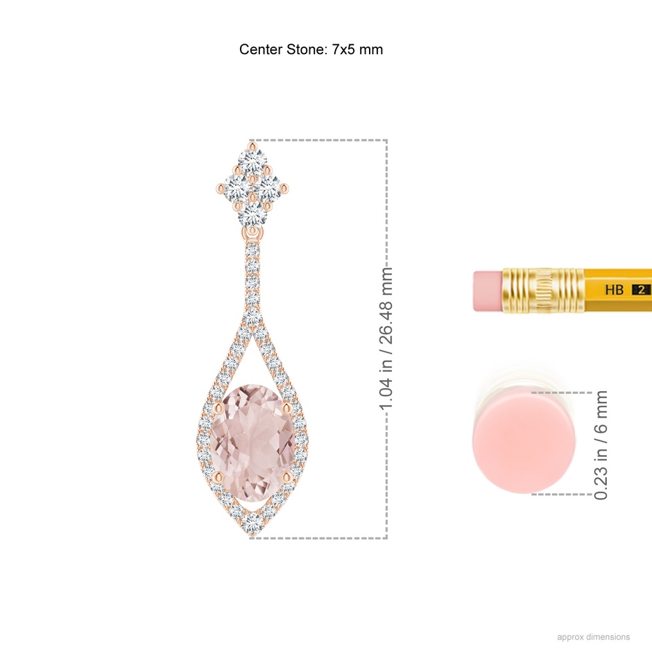 7x5mm A Oval Morganite Drop Earrings with Diamond Accents in Rose Gold ruler