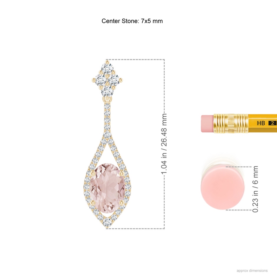 7x5mm A Oval Morganite Drop Earrings with Diamond Accents in Yellow Gold ruler