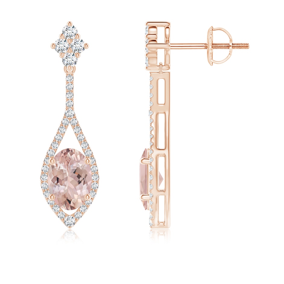 7x5mm AA Oval Morganite Drop Earrings with Diamond Accents in Rose Gold 