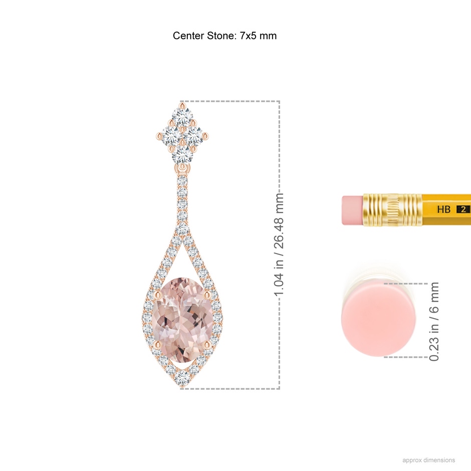 7x5mm AA Oval Morganite Drop Earrings with Diamond Accents in Rose Gold ruler