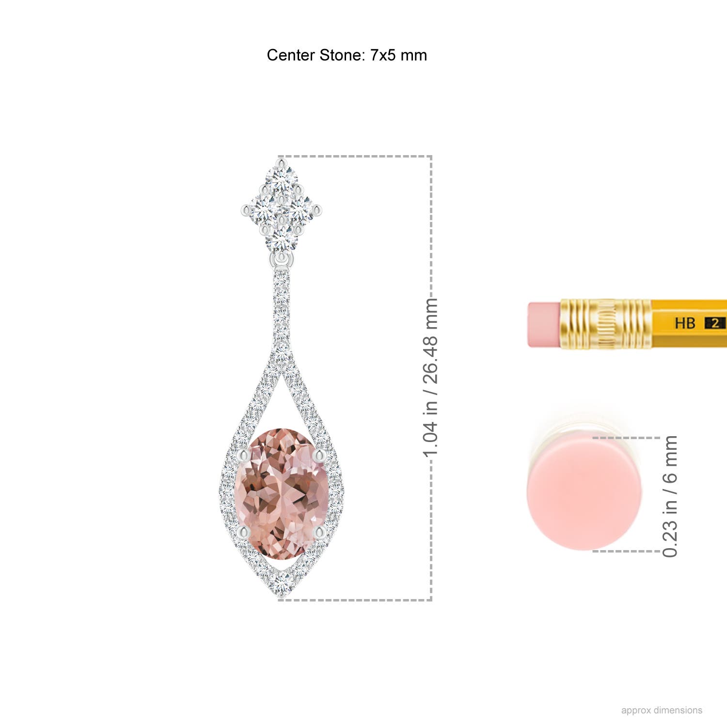 7x5mm AAAA Oval Morganite Drop Earrings with Diamond Accents in P950 Platinum - ruler